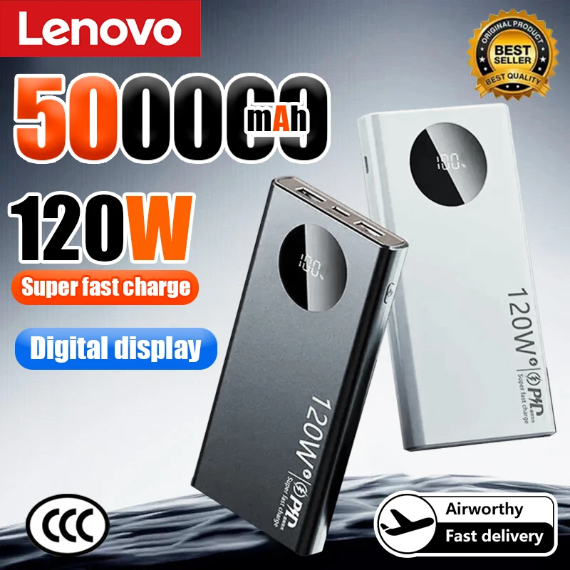 

Портативное зарядное устройство Lenovo Power Bank 500000 мАч, высокая емкость, 120 Вт, сверхбыстрая зарядка, для iPhone, Samsung, Huawei, новинка 2026 года