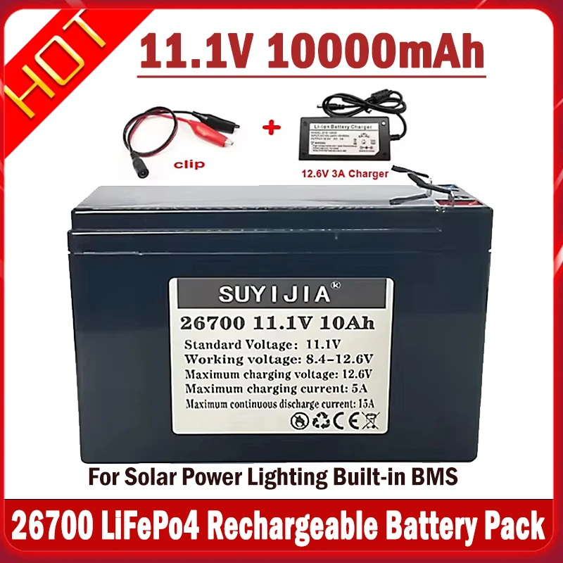 

11.1V 10000mAh LiFePo4 Rechargeable 26700 12V Battery Pack 4000+Cycles Lithium Battery for Solar Power Lighting Built-in BMS