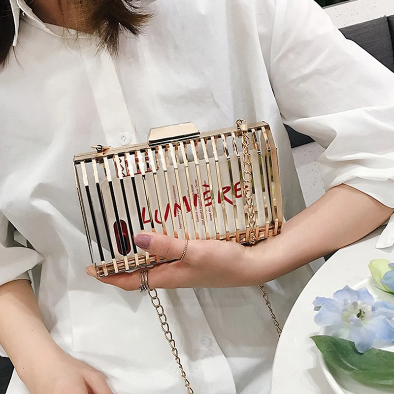 Gold Women Chain Crossbody Bags Iron Cage Metal Hollow Out Evening Clutch Purse Women Party Wedding Handbags Prom Luxury Bolso