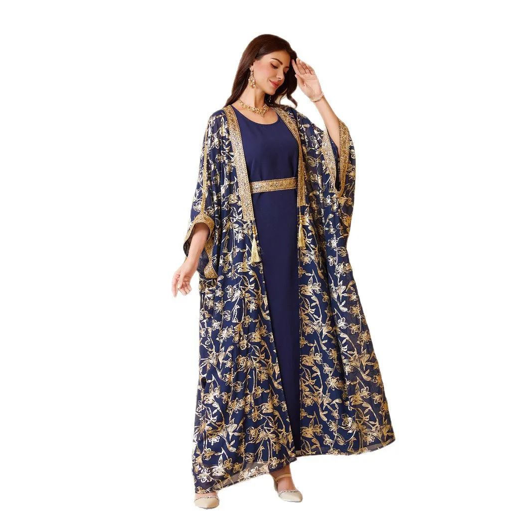 

Cross-border Middle East robe women's dress Amazon hot-selling two-piece bronzing robe Abaya cw12121