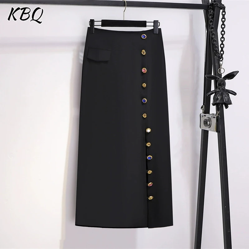 KBQ Solid Patchwork Diamonds Chic Skirts For Women High Waist Patchwork Zipper Leather Temperament Fashion Slim Skirts Female