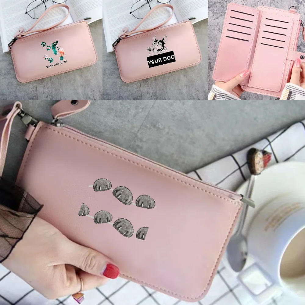 Women Multifunctional Fashion PU Leather Long Wallets Footprints Print Multi-card Position Clutch Buckle Zipper Student Wallet