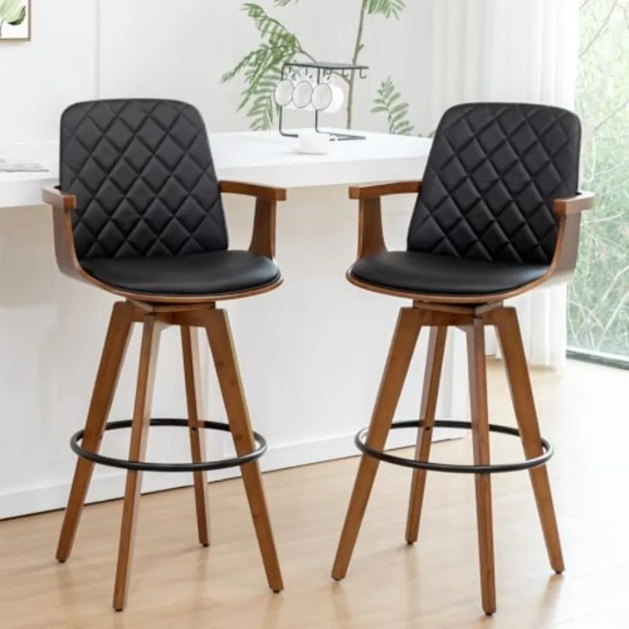 

Set of 2 Bar Height Bar Stools - 29.12 inch Swivel Bar Stools with Curved Back and Arms, Walnut Craftsmanship, Upholstered Seat