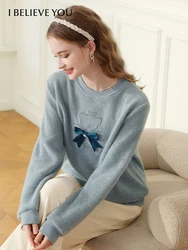 I BELIEVE YOU autunno inverno maglione per le donne 2023 nuovo allentato velluto blu morbido orso fiocco pigro felpa con cappuccio Casual lavorato a maglia Top 2234195434