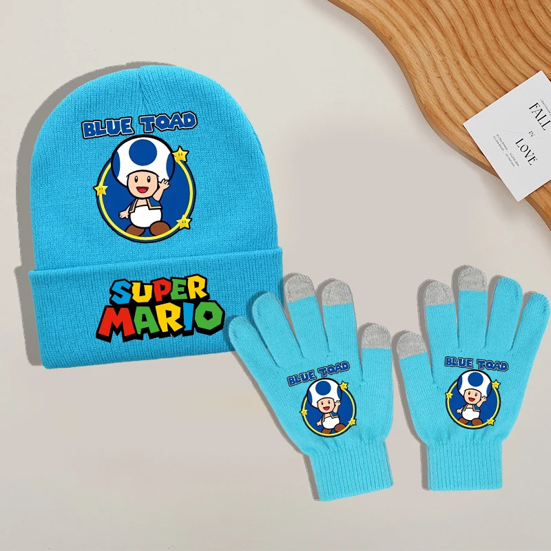 Super Mario Bro Handschuhe Strickmütze Anzug für Jungen Mädchen Anime Cartoon Niedliche Strickmützen Fäustlinge Set Kinder Winter Warme Accessoires