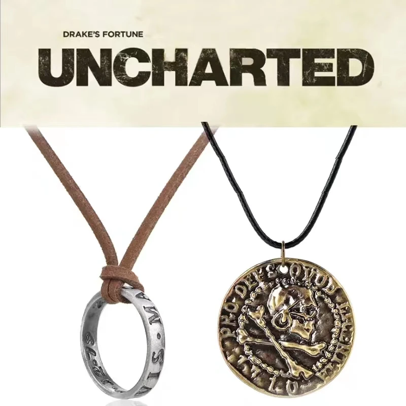 Uncharted 4 Necklace Nathan Drake Cosplay Ring Leather Code Vintage Engraving Pendant Jewelry Props