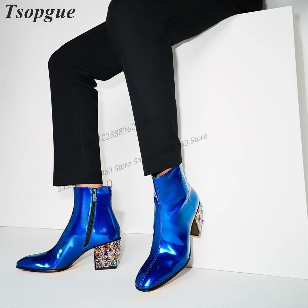 Blue Leather Crystal Decor Heel Men's Ankle Boots Men Shoes Side Zipper Runway Casual Party Shoes 2023 Fashion Zapatillas Muje