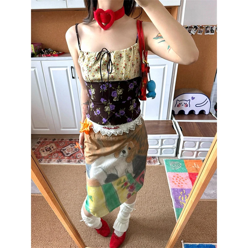 Y2K Cartoon Print Mini Skirt Women Japanese Harajuku Lace Hip Wrap Skirts Summer Vintage Streetwear Grunge Design A Line Faldas