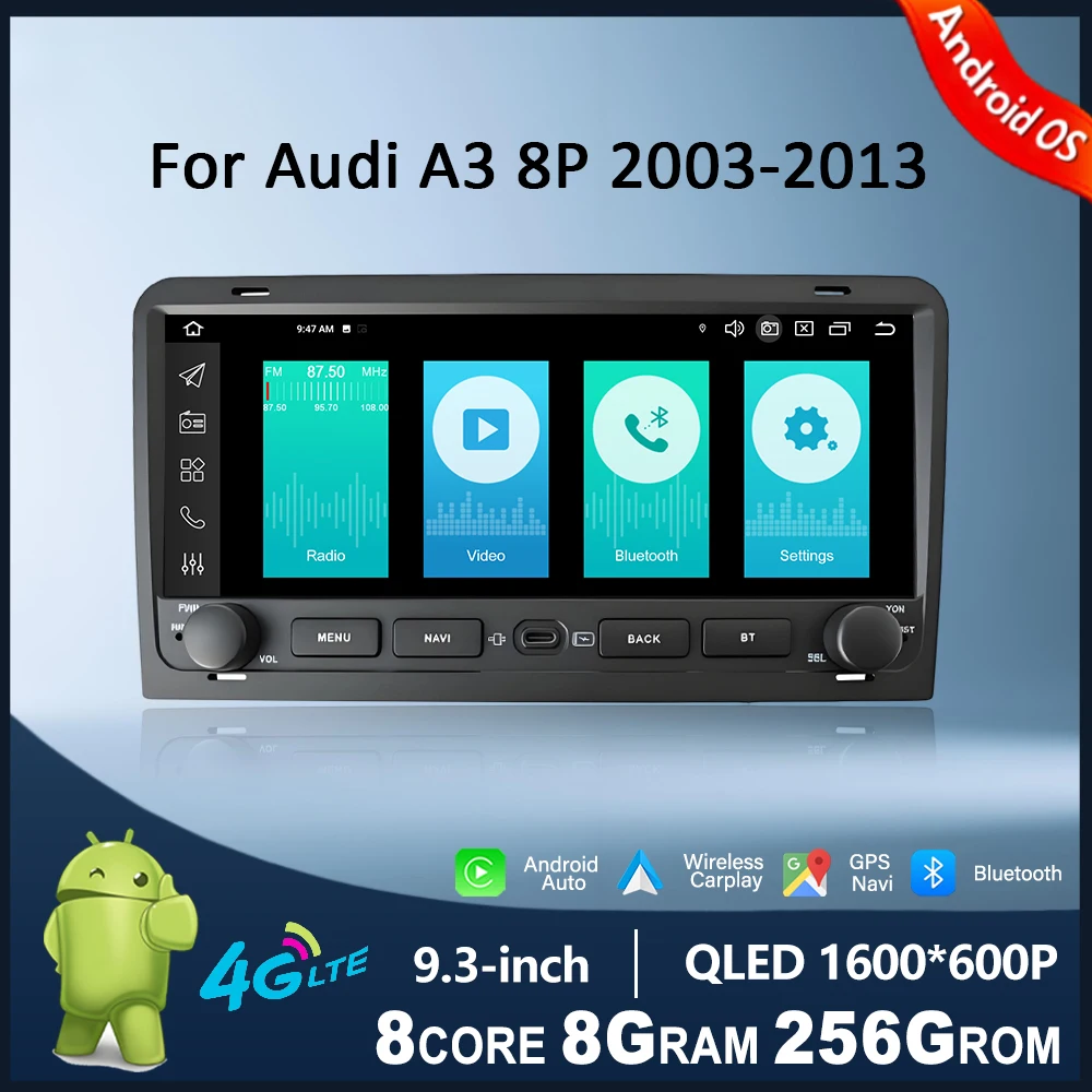 for Audi A3 8P 2003-2013 Car Radio Touch Display Multimedia Player Android Auto Wireless CarPlay DSP Stereo WiFi BT 4G GPS Navi