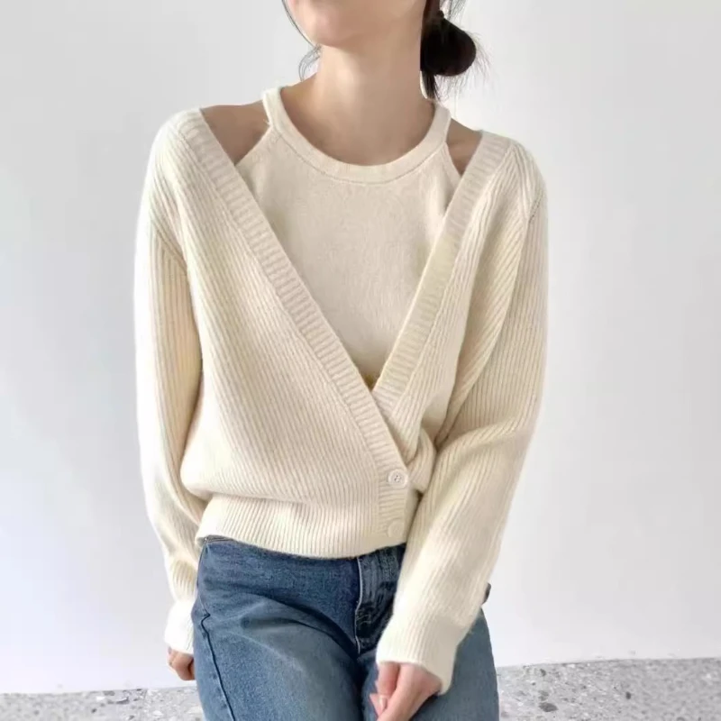 Korean Style Fashion Spring and Autumn New Sweater Women's Coat Solid Color Strapless Vest Two Piece Knit Cardigan Tops