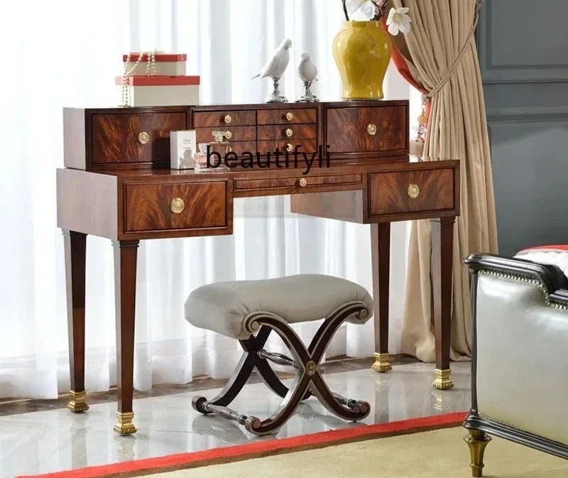 03.European solid wood dresser British neoclassical dressing table dressing stool mahogany furniture
