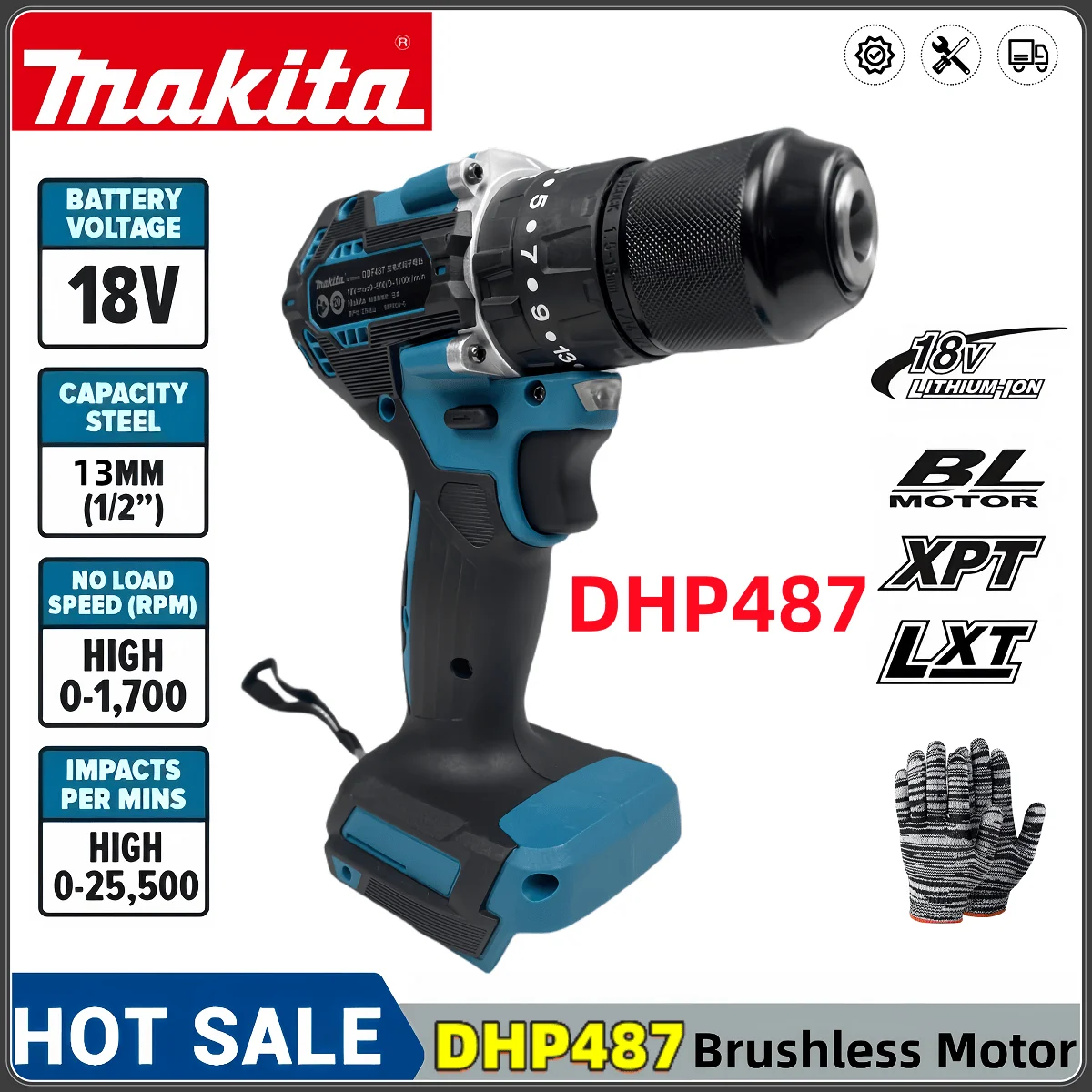 Makita DDF487 브러시리스 전기 드릴 임팩트 드릴, 장식 팀 전동 공구, 13mm 18V 스크루 드라이버, Makita 18V 배터리