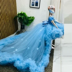 Sky Blue 3D Flowers Mesh Kids Dresses Fashion High Low Ruffles Puffy Flower Girl Dress Fluffy Tulle New Year Party Gowns