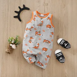 Summer Boys and Girls Cute Fox Print Comfortable and Casual All Cotton Sleeveless Round Neck Baby Bodysuit