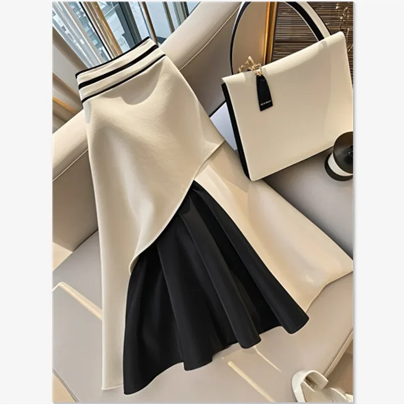 New Spring Autumn French Elegant Skirt Women Patchwork Contrast Color A-line Office Lady Fashion Celebrity Party Skirts Clothing