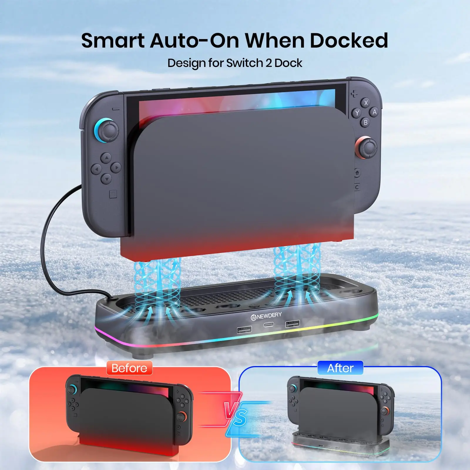 NEWDERY Cooling Fan for Nintendo Switch 2 Dock With RGB Light Modes 6 Game Card Slots & 3 USB Ports For Switch 2 Console Stand