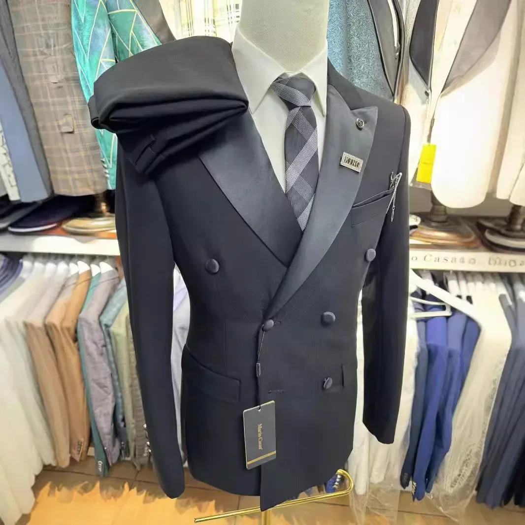 Trajes formales para hombre, esmoquin de novio de doble botonadura, 2 uds., para boda, solapa de pico, traje de moda masculina, chaqueta con pantalones