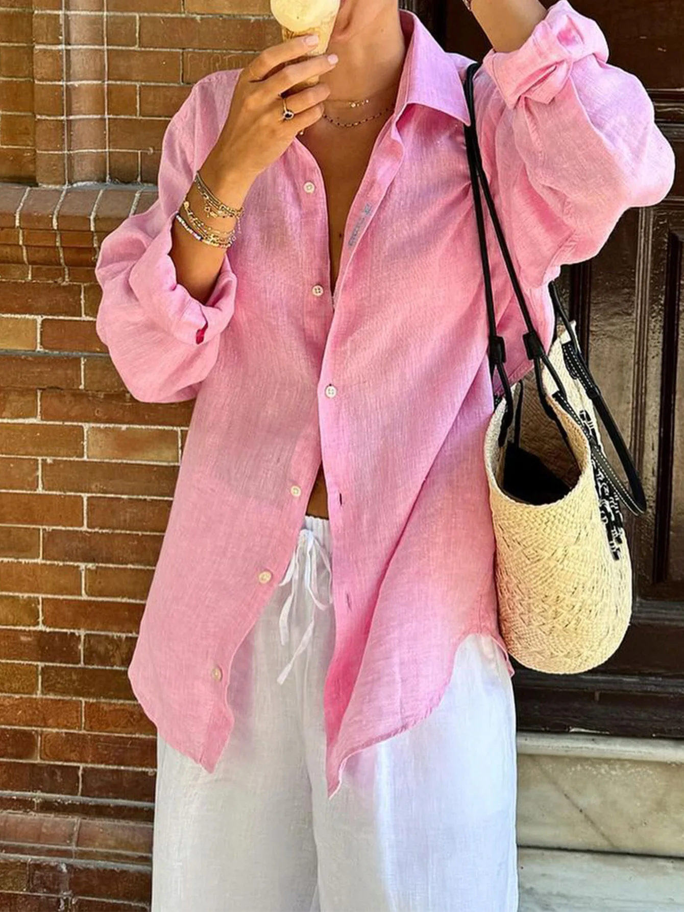 

Women's Shirt Spring/summer New Elegant Fashion Leisure Vacation Style Solid Color Simple Collar Loose Long Sleeve Shirt