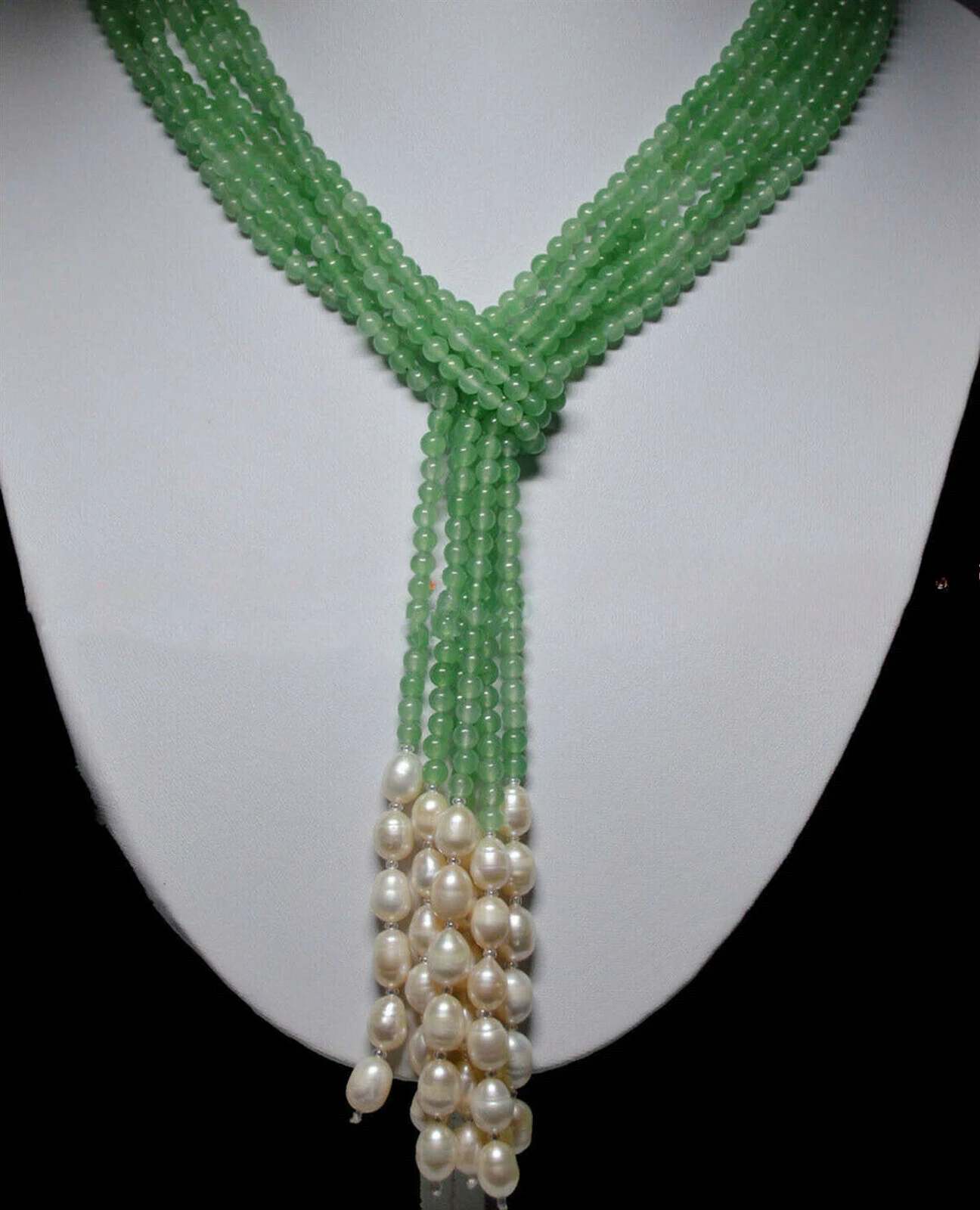 

Beautiful 3 Strands Natural 4mm Green Jade White Freshwater Pearl Necklace 50"