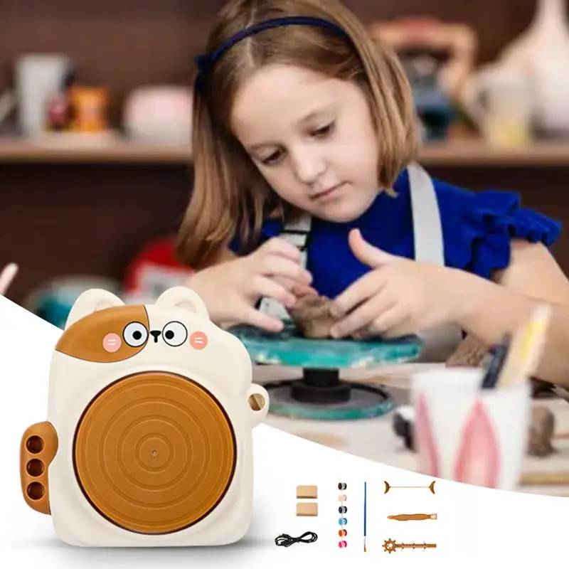 Pottery Wheel Kit Cat Design Adjustable Speed Clay Machine Sculpting Clay Tools Ceramic Arts and Crafts set Kids Handcraft toys