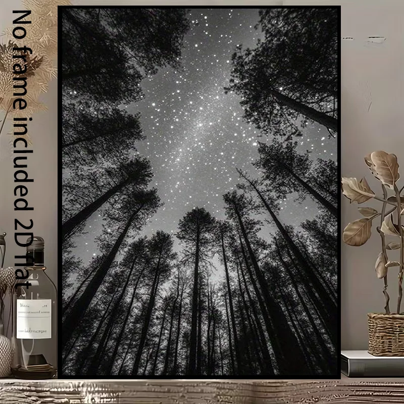 2D Flat, 1pc Vertical Modern Minimalist Black & White Forest Night Sky - Suitable for Spring Summer Decor, Starry Tree Canvas