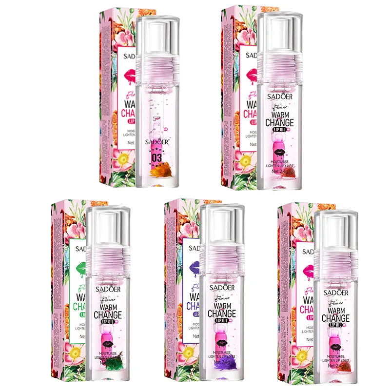 SADOER Fresh Flower Warm Color Changing Lip Oil Moisturizing Lipstick Hydrating Plumping Lip Balm Plumper Skin Care