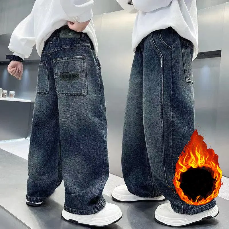 Teens Boy Winter Thermal Jeans High Street Children's Insulated Denim Pants Kids Retro Blue Warm Baggy Jeans Trousers Age 4-15 Y