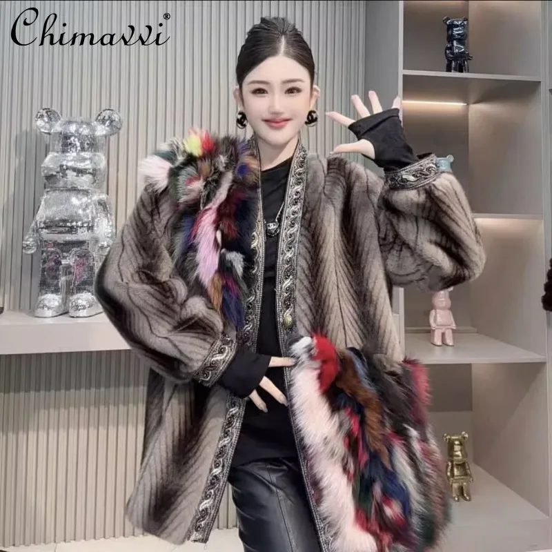 Winter Heavy Beaded European Mink Splicing Leather Fox Fur Coat High-end Fashion Color Rendering Loose Warm Elegant Fur Jackets