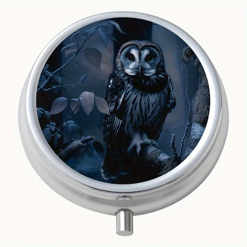 Round Pill Box with Owl Pattern Print, 3-Compartment Metal Box, Mini Portable Pill Box, Suitable for Travel, Outdoor Activities, or as a Portable Pill Case for Wallets or Bags, Decorative Jewelry and Earring Storage Box, Multifunctional Metal Box for Medicine, Vitamin Storage Box with Multiple Compartments, Organizer Box for Sorting and Packing, Suitable for Home Use, Travel, Sealed and Moisture-Proof, Unique Small Gift Collection Box