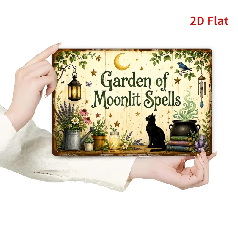 2D Flat - [2Dflat], 1pc 11.81X7.87inch Witchy Garden Tin Sign, Garden of Moonlit Spells Black Cat Cauldron Crystal Floral Vintag
