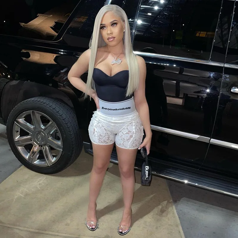 Sexy Lace Patchwork Corset Shorts Pants Summer  Women Letter Zipper Leggings  See Through Short  Trousers