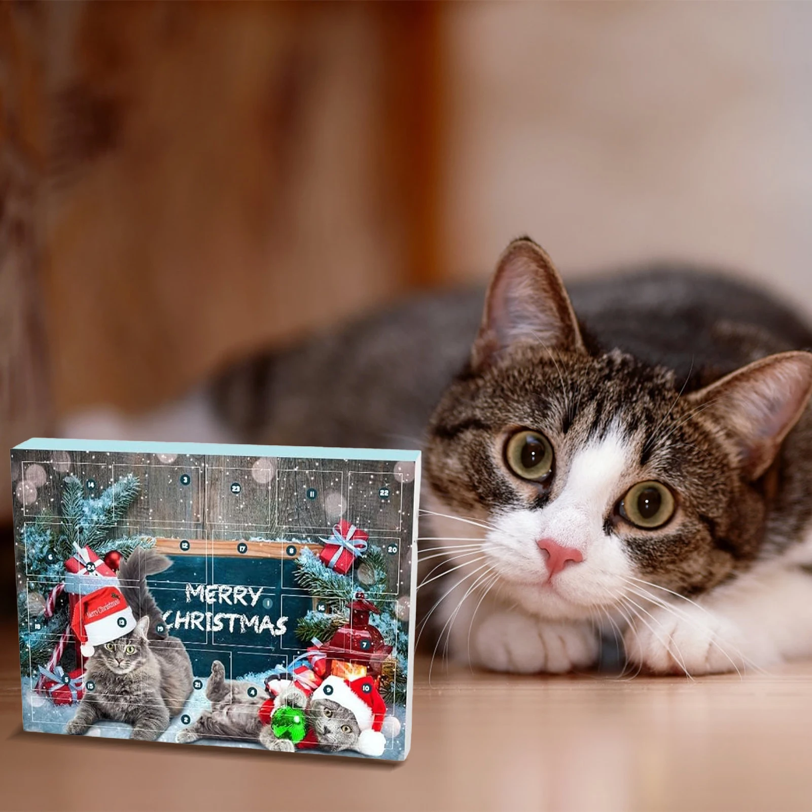 Christmas Cat Advents Calendar 24 Days Countdown Calendar Surprise Present Box Collectible Interactive Cat Toy Kit for Cat Lover