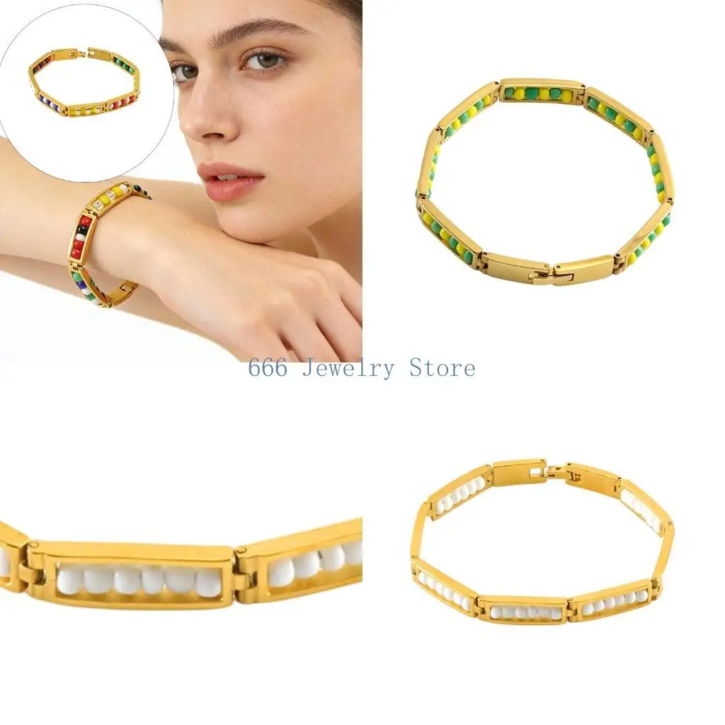 F2TD Gold Tone Beaded Link Bracelet with Decorative Segment Detail, Fashion Wrist Jewelry for Daily Styling and Stacked Looks