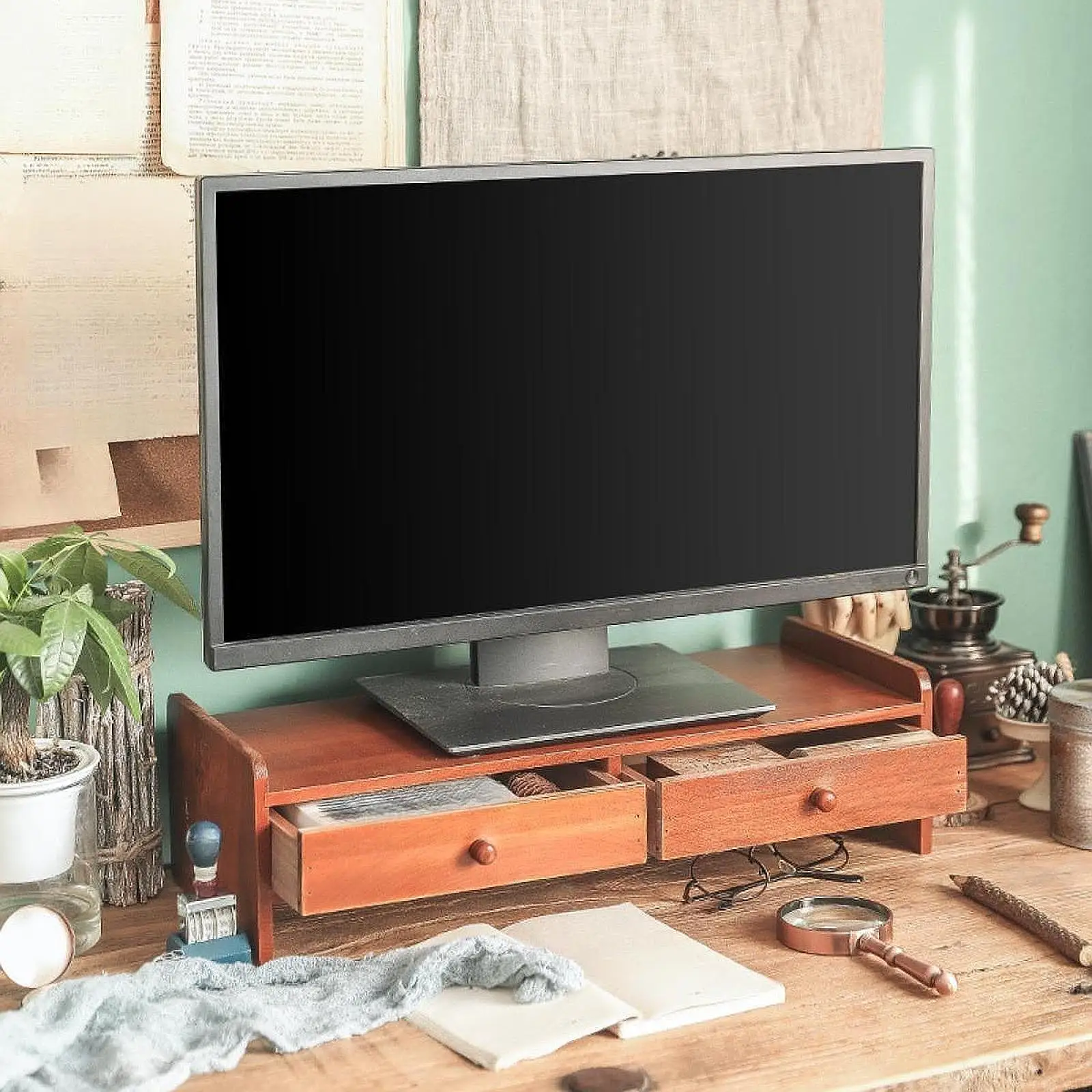 노트북 가정용 모니터 높이 스탠드, 서랍 2 개 포함