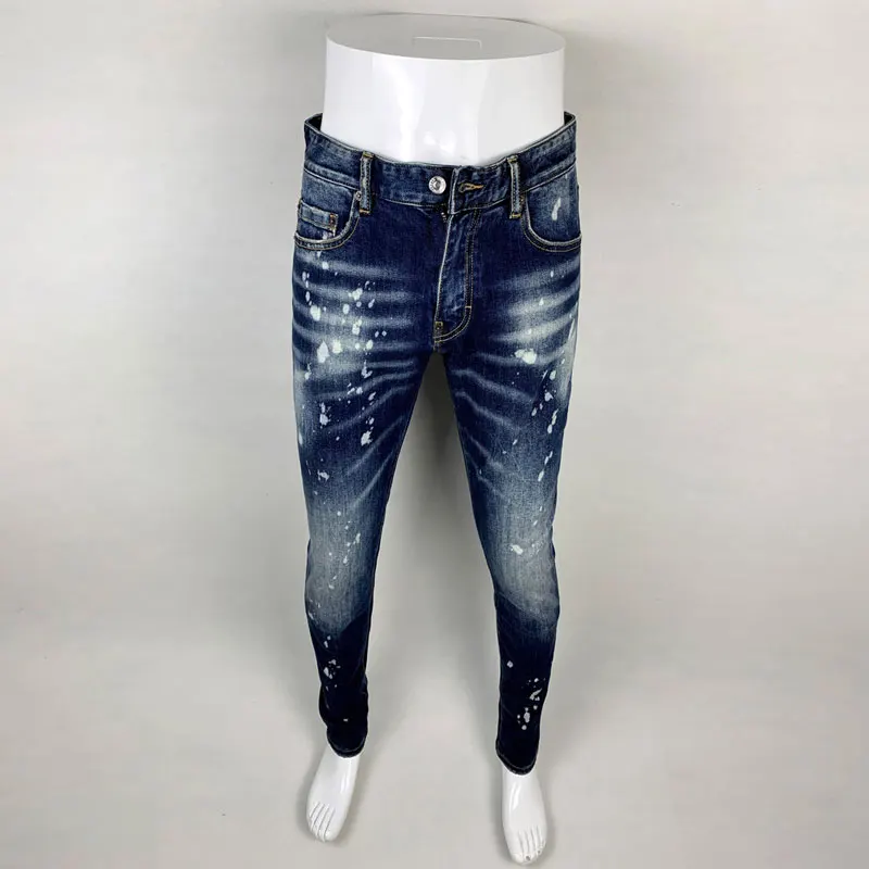 High Street Jeans Pria melar Slim Fit Vintage Jeans robek pria dilukis desainer Hip Hop celana merek Hombre