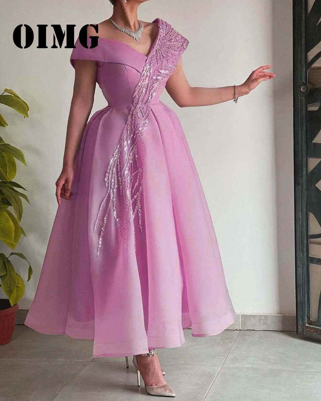 OIMG New Design One-Shoulder Prom Dresses Short Sleeves Saudi Arabic Sequins Women Customized Gowns Formal Party Dress