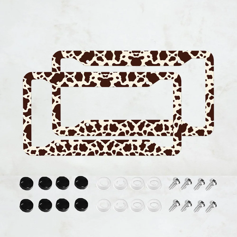 Adorable Brown Cow Pattern License Plate Frames Featuring White Spots These Universal Aluminum Tag Holders Come with 4 Holes