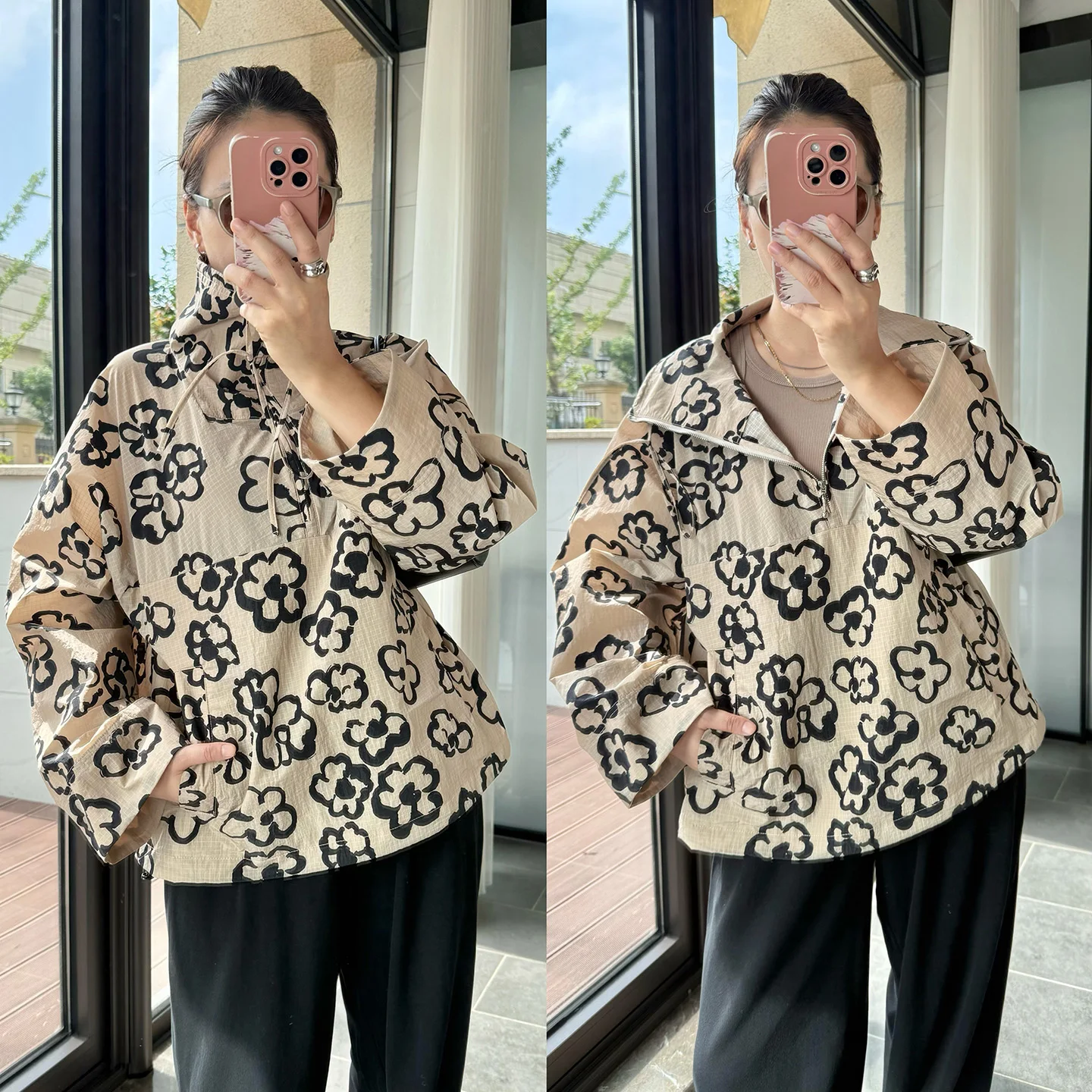 Lightweight Nylon 00% f Zipper Jaet Printed Handbag Store Trendy Brand Women's ort Coat Clean Fit Plant Floral Pattern