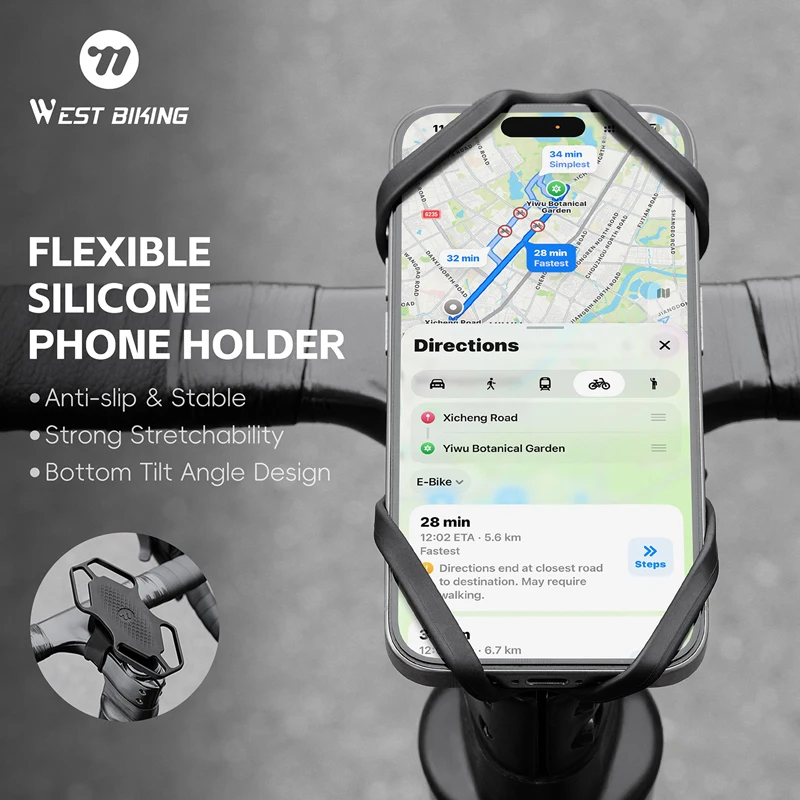 

WEST BIKING Bicycle Phone Holder Silicone Phone Holder For 4.5-6.7 inches Phone Screen Anti-slip Cycling Cellphone Support Mount