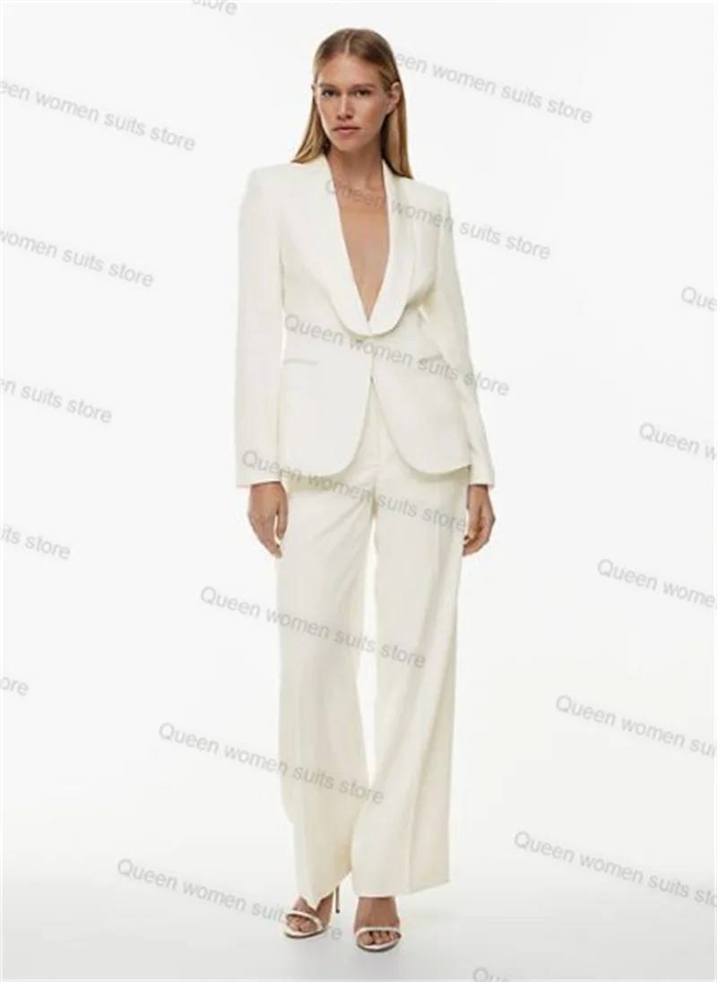 

Elegant White 2 Piece Women Suits Pants Set Blazer+Trouser Sexy V Neck Formal Office Lady Tailored Size Jacket Prom Dress