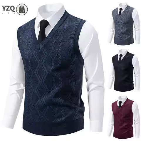 Men's V-Neck Knitted Sweater Diamond Grid Twisted Flower Casual Fashion Versatile Knit Top Autumn Winter