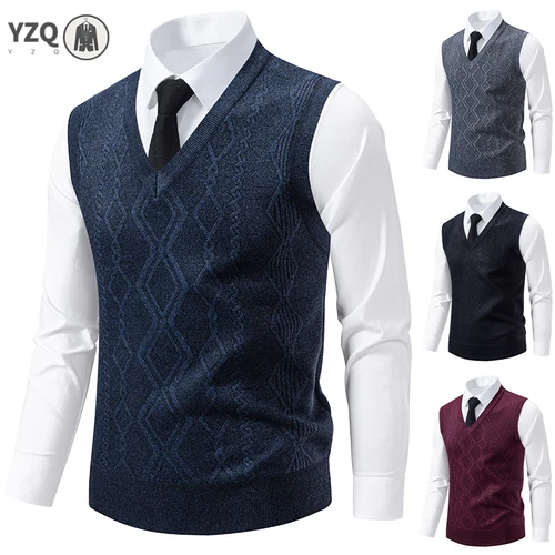 Imagen 1 del producto Suéter de punto con cuello en V para hombre, Top de punto versátil con rejilla de diamantes y flores retorcidas, moda informal, Otoño Invierno