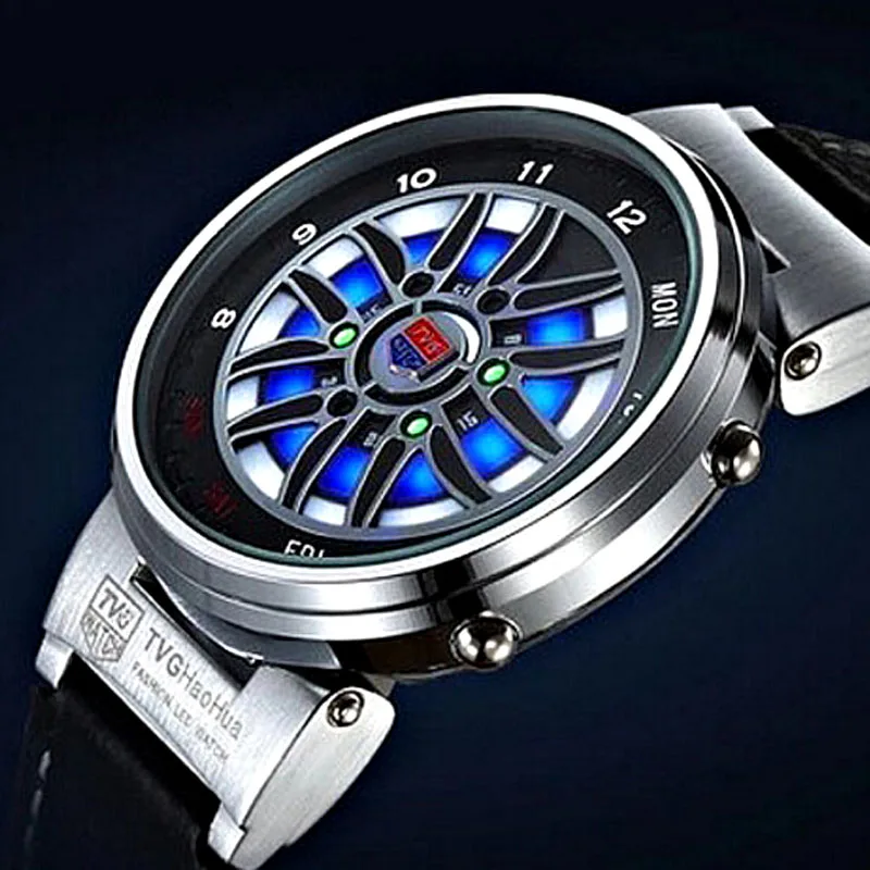 

2023 Fashion Creative Car Roulette Watch Men Sports Watches TVG Top Brand Blue Led Dispaly Binary Electronics Wristwatches Men