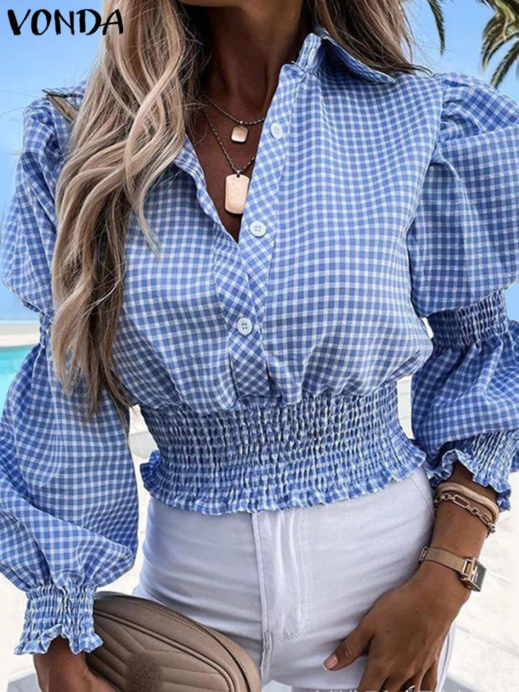 Plus Size VONDA Women Long Puff Sleeve Shirts 2024 Bohemian Pleated Plaid Tops Casual Lapel Collar Blusas Fashion Office Blouse