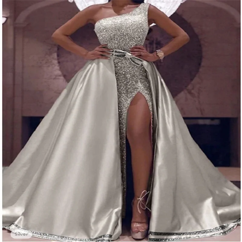 Vestido de baile vestidos de baile brilho & brilho vestido de casamento convidado festa à noite até o chão sem mangas um ombro destacável cetim