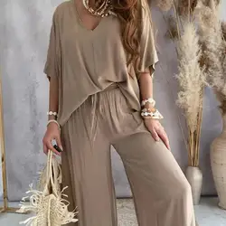 V-neck Batwing Sleeve Top Pants Set Stylish Women's Summer Outfit V-neck Batwing Tops High Waist Wide Leg Pants Loose Fit for A