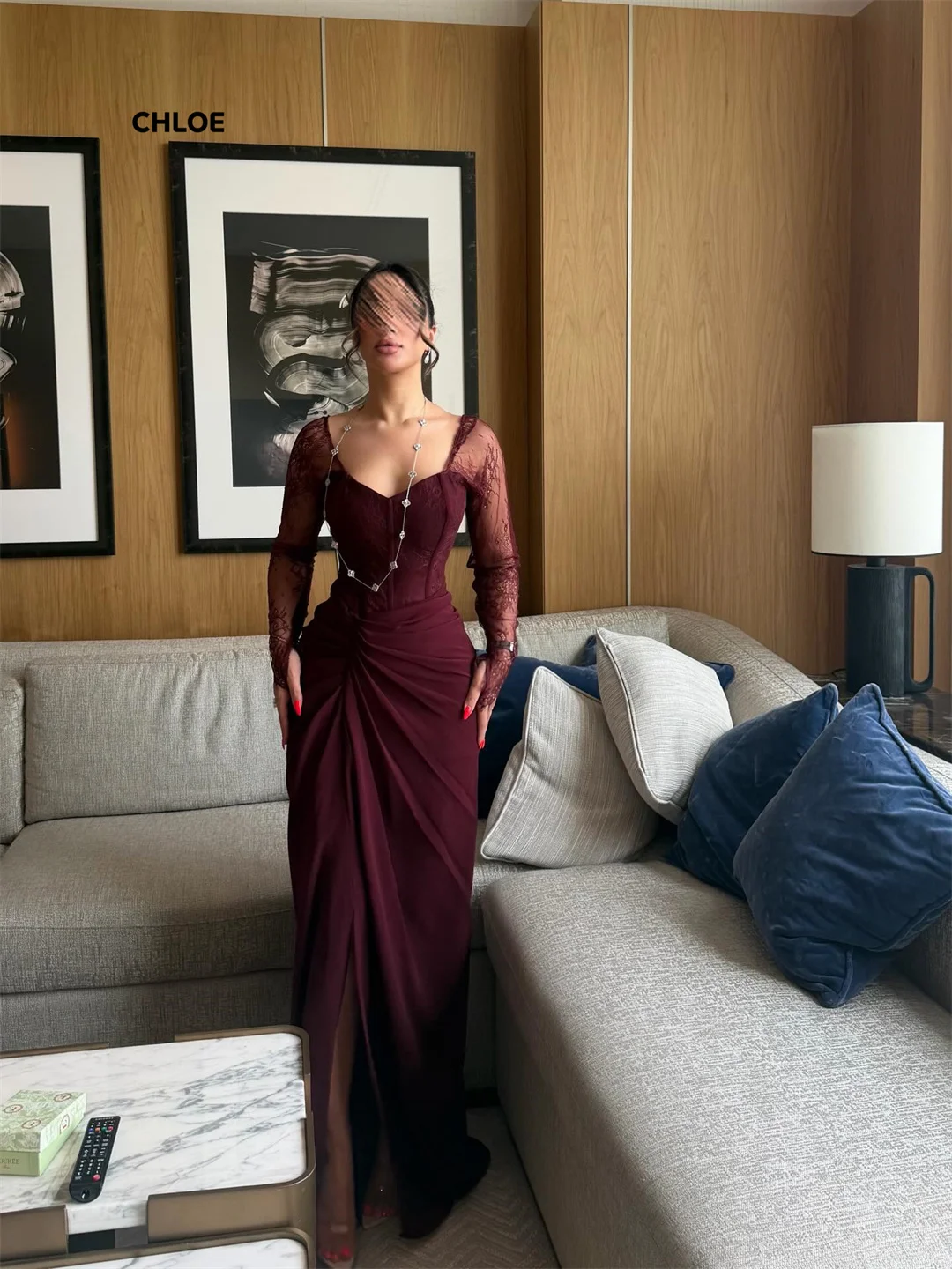 

Long Sleeves Dubai Evening Dresses Luxury Women's Elegant Party Dress Mermaid Chiffon Customized Dresses for Special Occasions