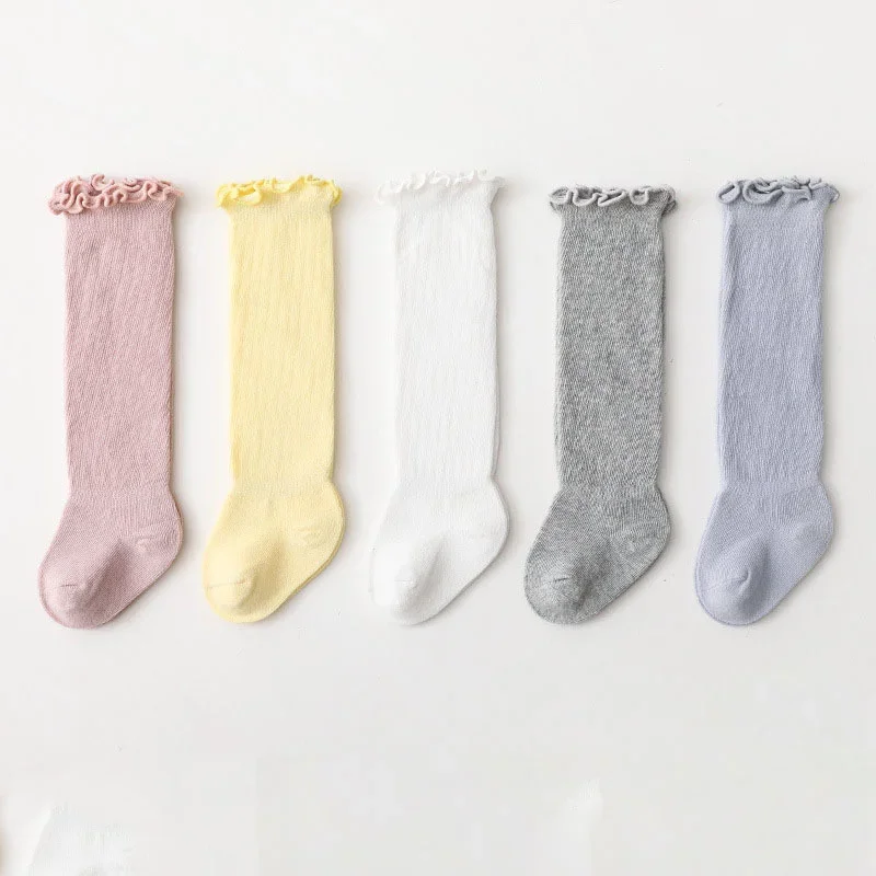 Spring Summer New Ruffle Frilly Loose Solid Color Soft Knee High Long Socks Baby Cotton Princess Clothes for Newborns Stockings