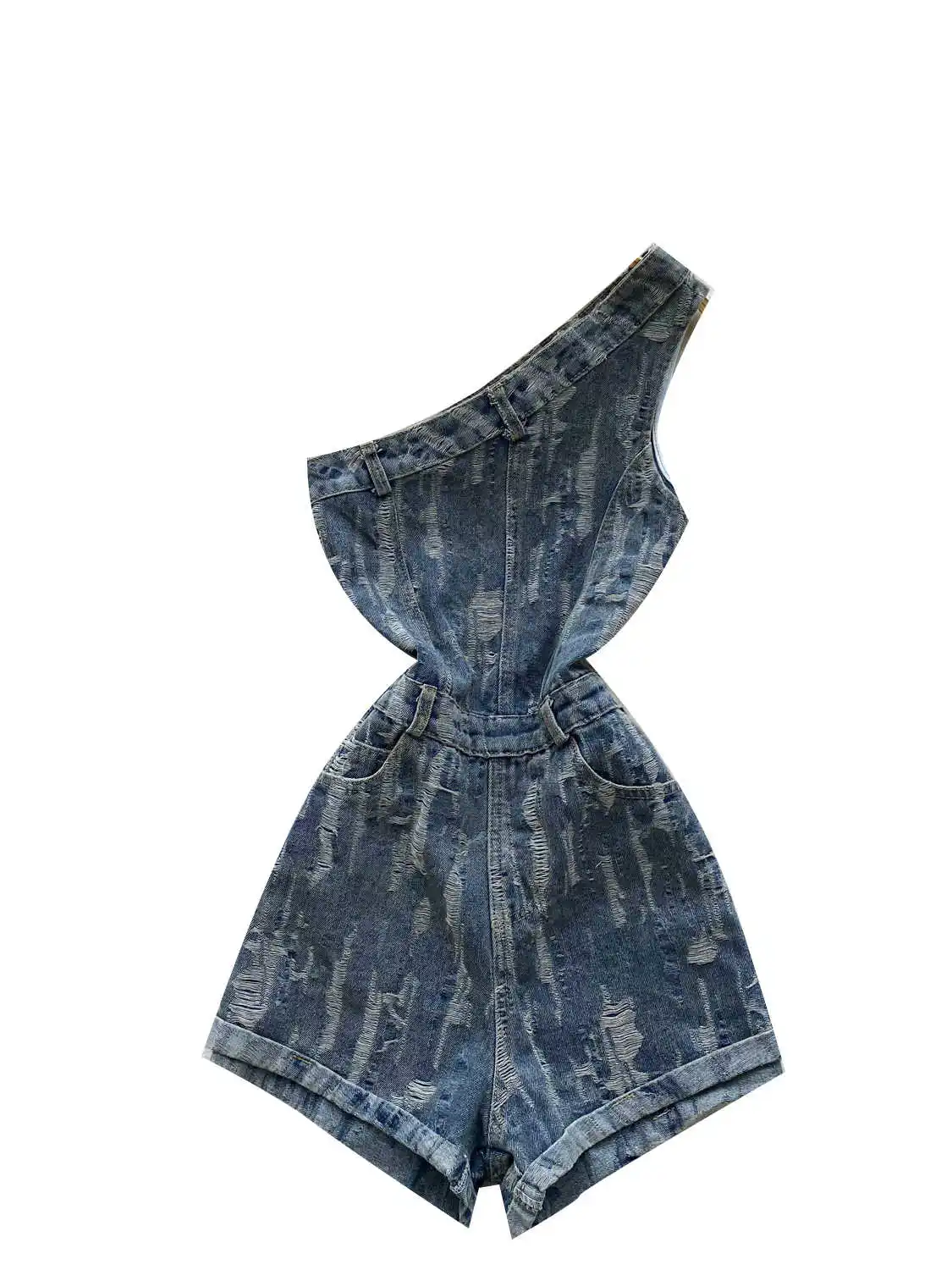 Pantalones cortos vaqueros rasgados azules para mujer, monos Vintage de los años 90, peleles con hombros descubiertos Harajuku, pantalones vaqueros, ropa de verano para mujer