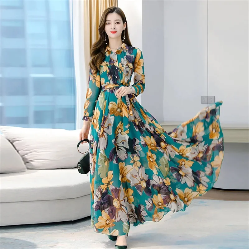 2025 Spring Long Sleeve Beach Maxi Dress Korean Fashion Chiffon Elegant Blue Tunics Casual Floral Evening Dresses For Women